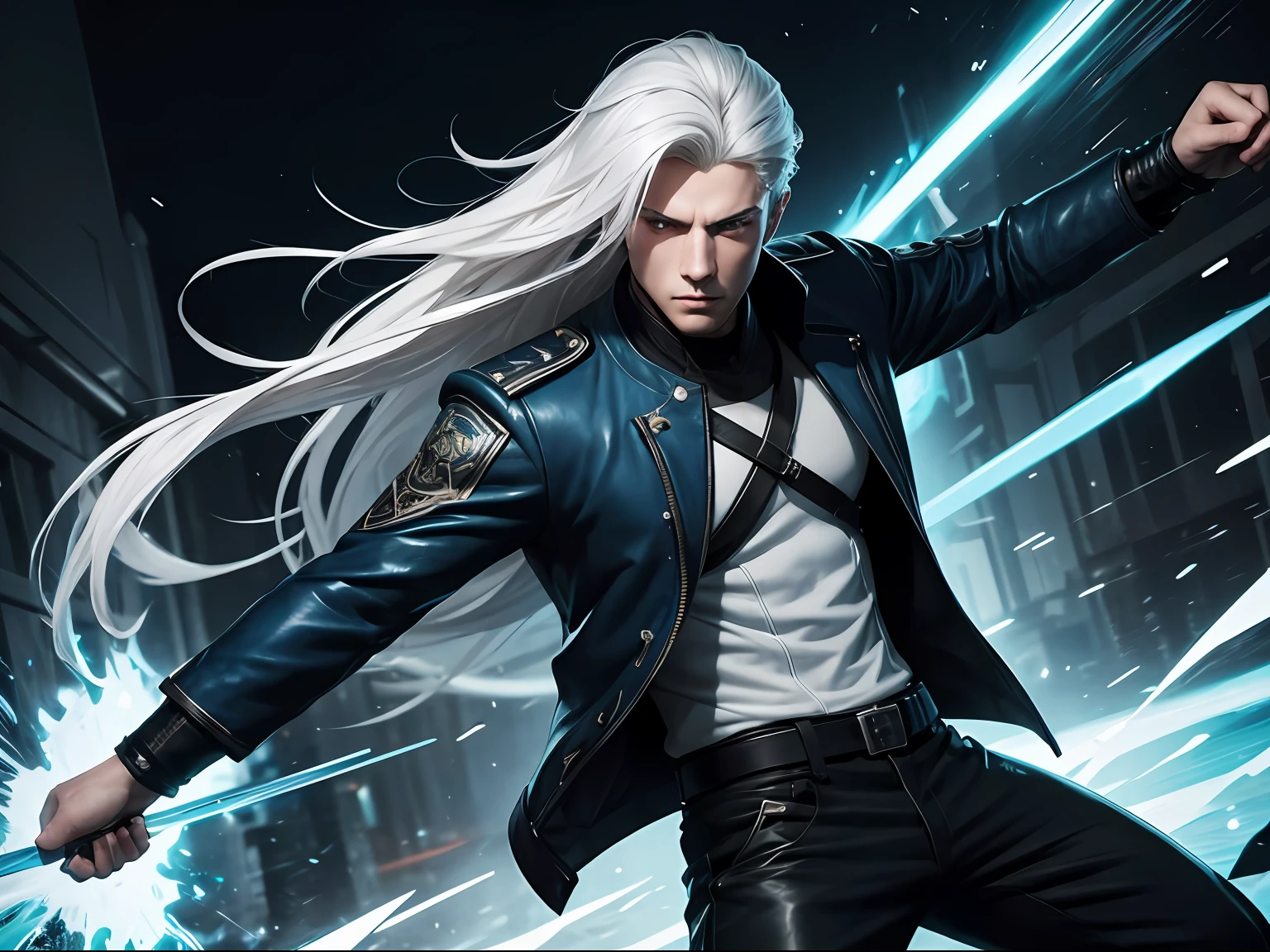 a handsome 25 years old male ronin, with long white hair, pale skin, serious looking, wearing a blue casual long jacket and black pants, splash art style, battle ready pose, dynamic angle shot, photo realism, ambient lighting, intricate hand details, highly detailed, vibrant colors, cinematic, neoprene, featured on Unsplash, stylized digital art, 8k, trending on Artstation