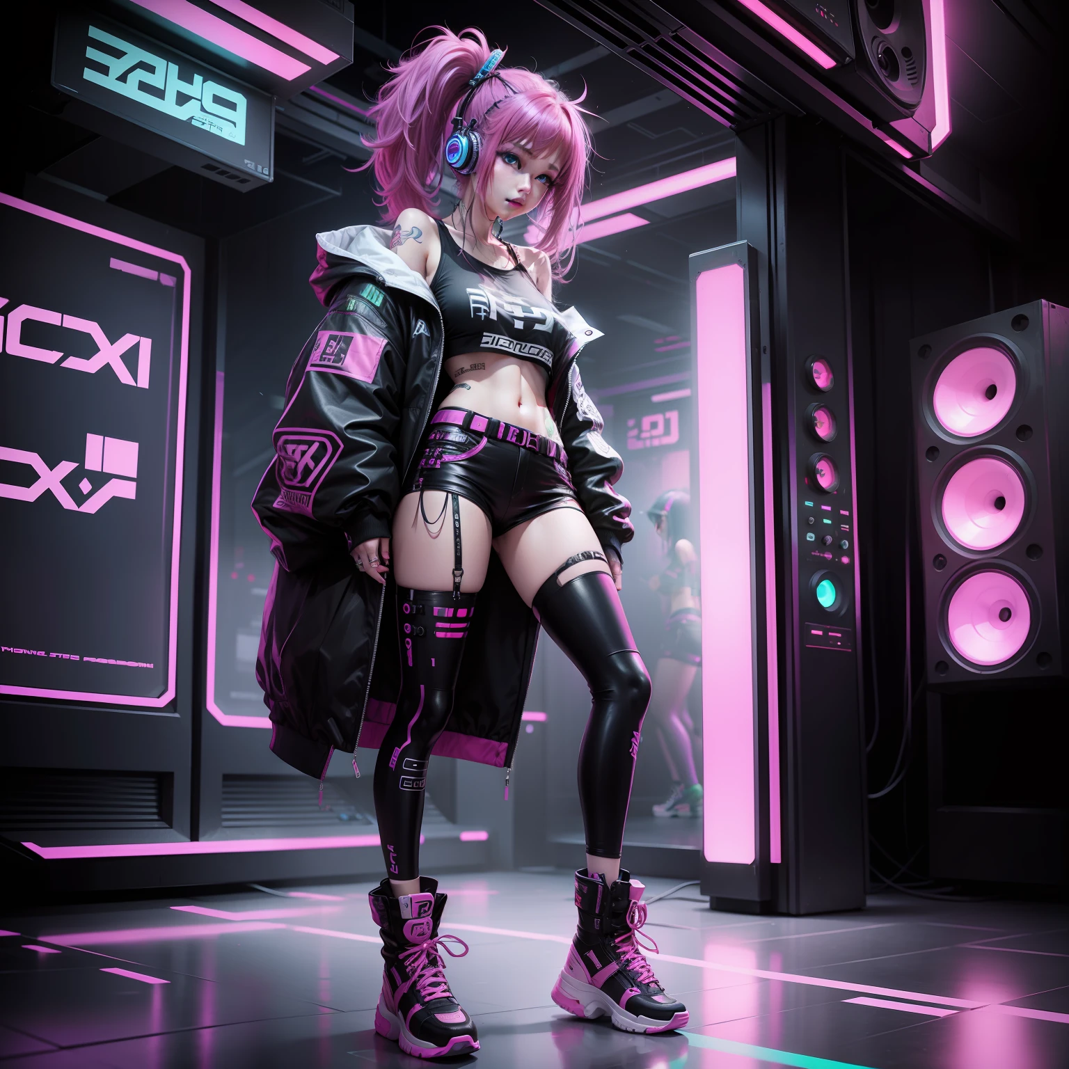 ((masterpiece, high quality, absurdres, ((watercolor, watercolor background)) flat color, official art))(cyberpunk:1.5), neon lights, (((1girl, solo, cute face, happy smile))) (multicolored hair, eyes, eyelashes, colored inner hair)((floating hair)) BREAK (depth of field, blurry background, detailed and intricate, fisheye) cityscape, long sleeves, hoodie, baggy clothes,open clothes, (mechanical body, mechanical legs, mechanical boots, mechanical parts) BREAK floating, glowing clothes, android,floating object, cybernetic, prosthetic leg, holographic monitor,