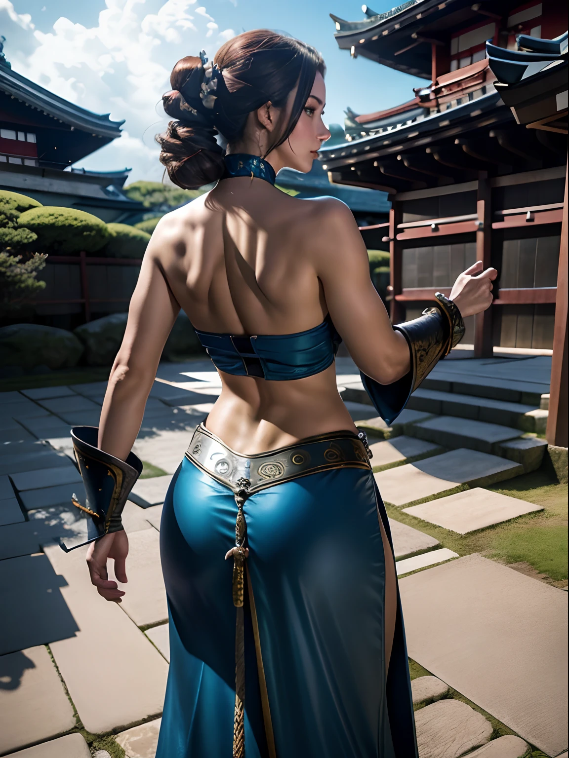 Split abs, large full breasts, Best Quality, masutepiece, 超A high resolution, (Photorealistic:1.4),  arma, Detailed face, One Girl With Her Back Turned, Sword weapons, cleavage, (Magic Circle:1.2), Beautiful girl with her back turned, Full body, Japan castle town of the Edo period, Townscape of the Edo period, Samurai, Japan, Fantasy, High quality, ultra detailed in 4k, 8K, High resolution, fantasy coverart style, medieval times, Sharp Focus, depth of fields.