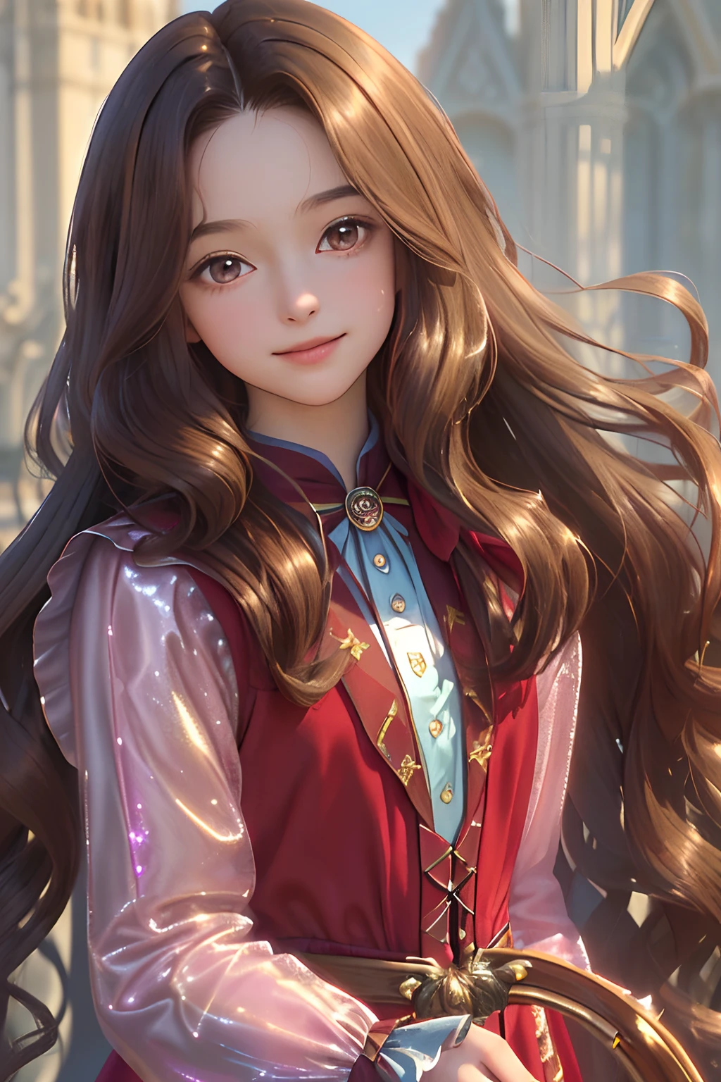 ((masterpiece:1.2), (best quality:1.2), looking at viewer, bare and fair skin,Wizarding world, shimmer reflected on hair, long hair fluttering in the wind, (wavy long hair), hair middle part, energetic , smily, happy , 15 year old eauropen girl, brunette hair, Brown eyes, victorian simple dress, gryffindor, red color.