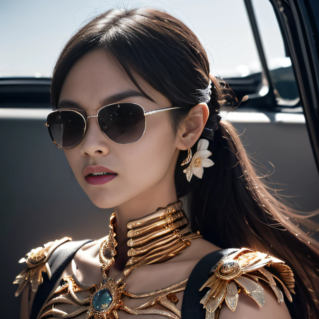 Wear thick gold-framed sunglasses，32K（tmasterpiece，k hd，hyper HD，32K）Burgundy double ponytail，Silver Skull Abandoned Area of the Pond，Indigo Skull King ，Hold the big G steering wheel （The skeleton is realistic：1.4），Skull pattern robe，Silver skull flower ornaments，Petals flutter，Colored ball head，Hold your head high，Be proud，The nostrils look at people， A high resolution， the detail， RAW photogr， Sharp Re， Nikon D850 Film Stock Photo by Jefferies Lee 4 Kodak Portra 400 Camera F1.6 shots, Rich colors, ultra-realistic vivid textures, Dramatic lighting, Unreal Engine Art Station Trend, cinestir 800，Hold your head high，Be proud，The nostrils look at people，Tsundere，Petals flutter，Petals flutter，Sprinkle with gold dust，Fluttering，Impeccable，( reasonable design, Clear lines, High sharpness,Best quality, Very detailed skeleton, The skeleton of a masterpiece, offcial art, movie light effect, 4K skeleton（（（Wear thick gold-framed sunglasses）））