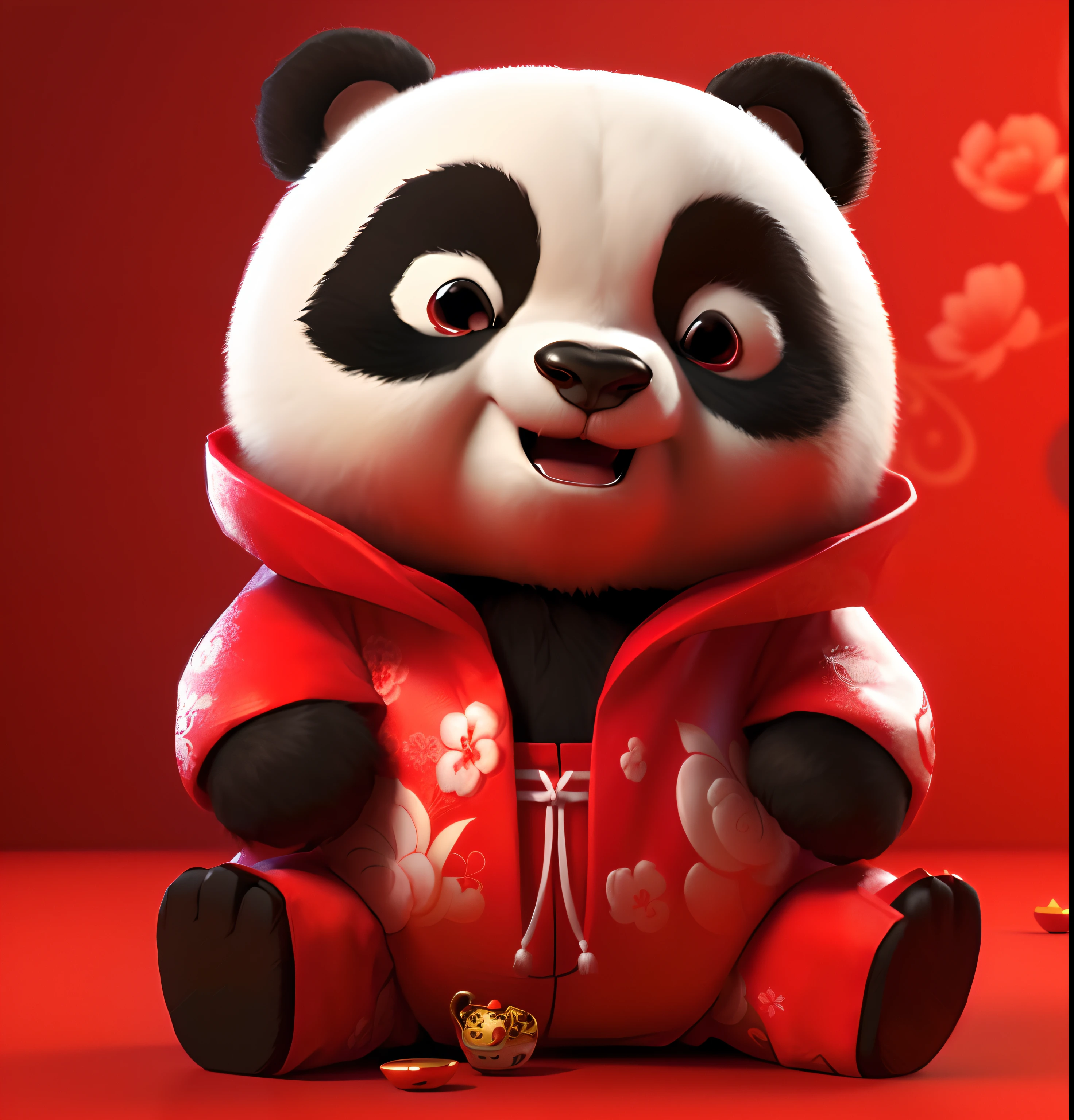 Panda in red Chinese costume sitting on a red surface, cute 3 d render, 3D model of a Japanese mascot, Cute panda, inspired by Luo Ping, panda panda panda, wojtek fus, paul lung, Panda, inspired by Mi Fu, Kung Fu Panda, lovely digital painting, Inspired by Feng Zhu, inspired by Lu Guang