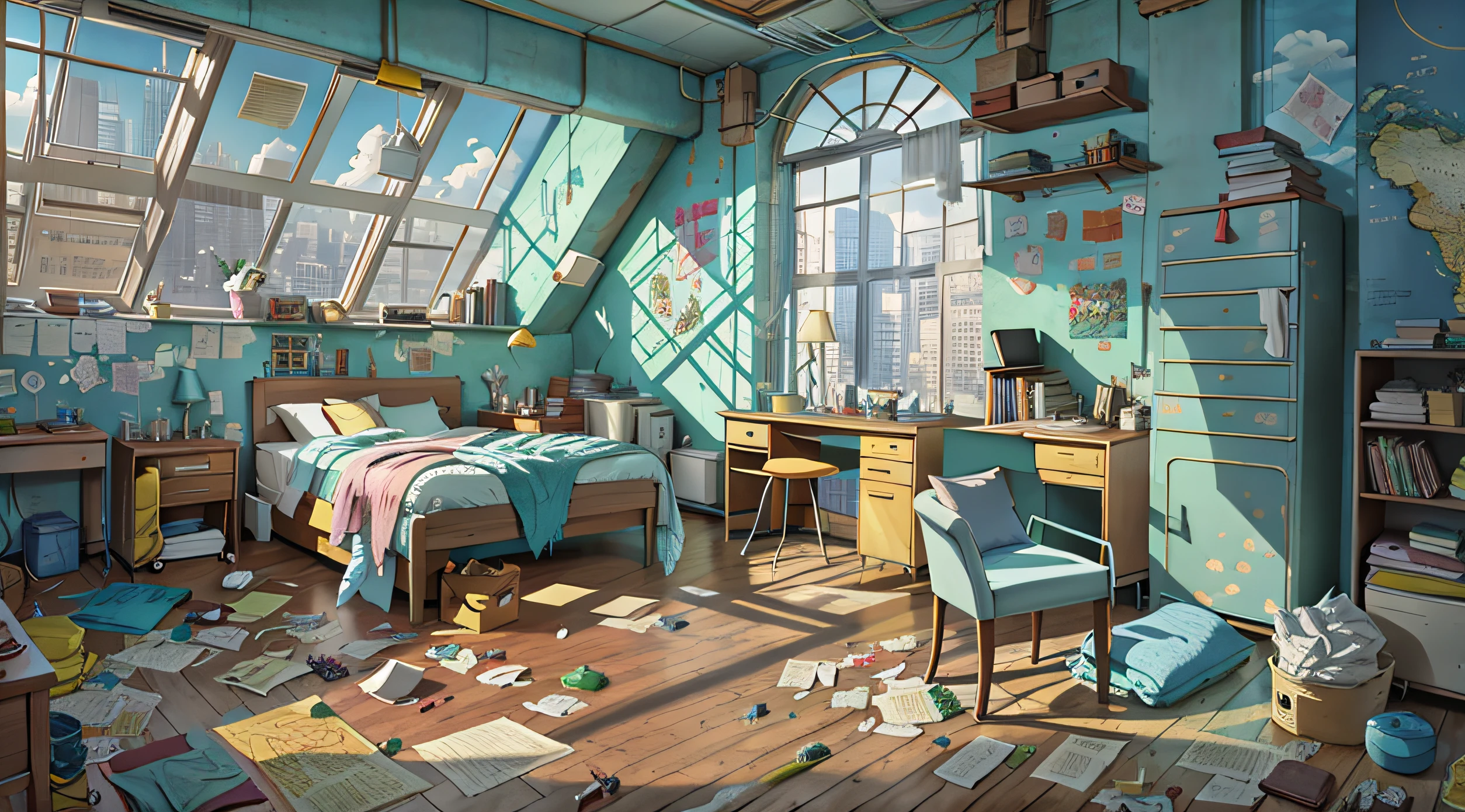 There was a room，There are beds and desks, interior background art, personal room background,  Messy room, Anime background art,Ultra clear map，style of anime，Shinkai sincerely，hiyao miyazaki