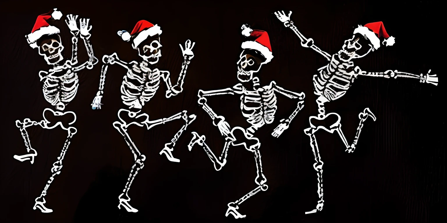 Four skeletons in Christmas hats dance and wear skis, All skeletons, skeletons, skelleton, festivity, Walk past skeletons, cyber skeletons, skeletons rising from the dead, skeletal figures, ( ( ( Skeleton ) ) ), with a skeleton army, Cute skeleton, thin skeleton, skulls and skeletons, Fleshy skeleton, Skeleton, skeleton climbing, Omen of bones
