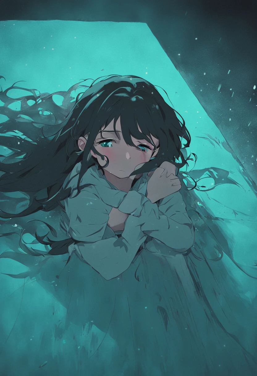 Bright Tiffany blue background girl lying on table crying sad