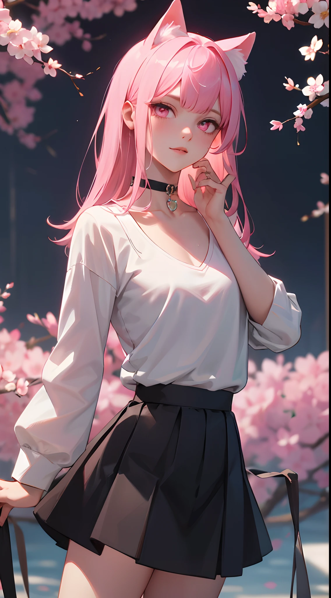 a handsome female，delicate facial features，long pink hair，pink cat ears，pink eyes，White top with sleeves,Choker, blackskirt,Sakura，K HD，higly detailed，hiquality，Good atmosphere，Delicatessen，CG рендеринг，Detailed rendering，（Subtle facial image）（Image of fine hair）（topquality）（Masterpieces of masters）（High degree of completeness）（A sense of atmosphere）