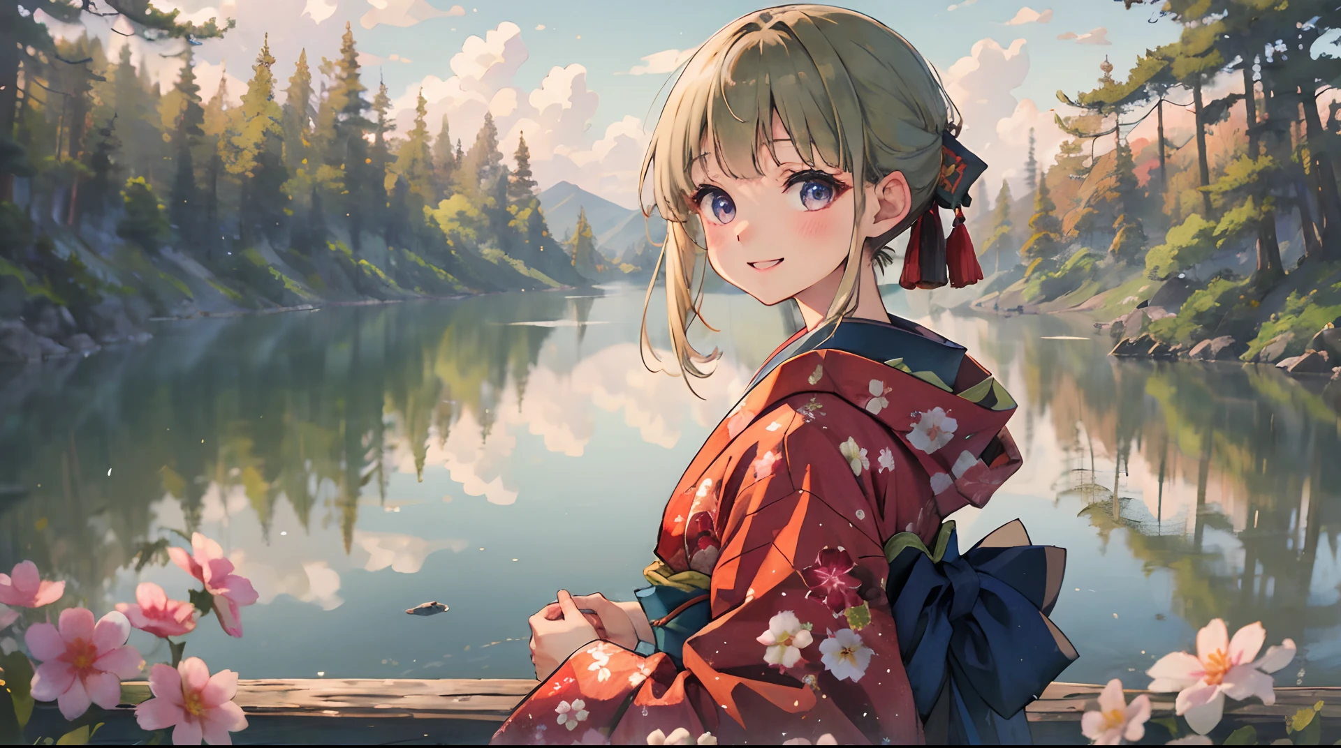 masterpiece, highres, best quality, 1girl solo, kamisato_ayaka, smile, kimono