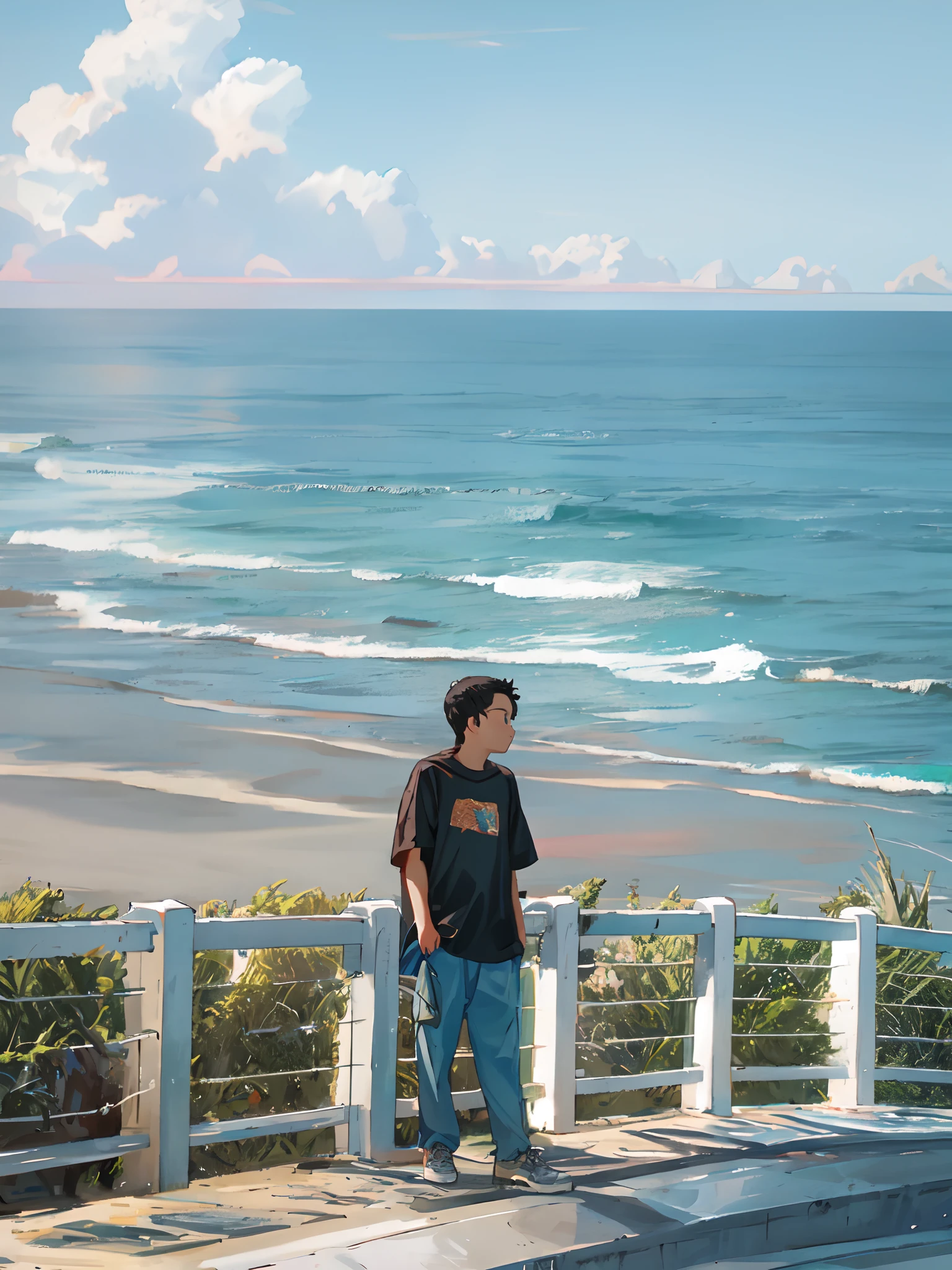 there is a young boy standing on a sidewalk looking out at the ocean, the ocean in the background, looking out over the sea, looking at the ocean, overlooking the ocean, looking out at the ocean, ocean in the background, standing beside the ocean, looking off into the distance, view of the ocean, the sea in the background, ocean in the distance