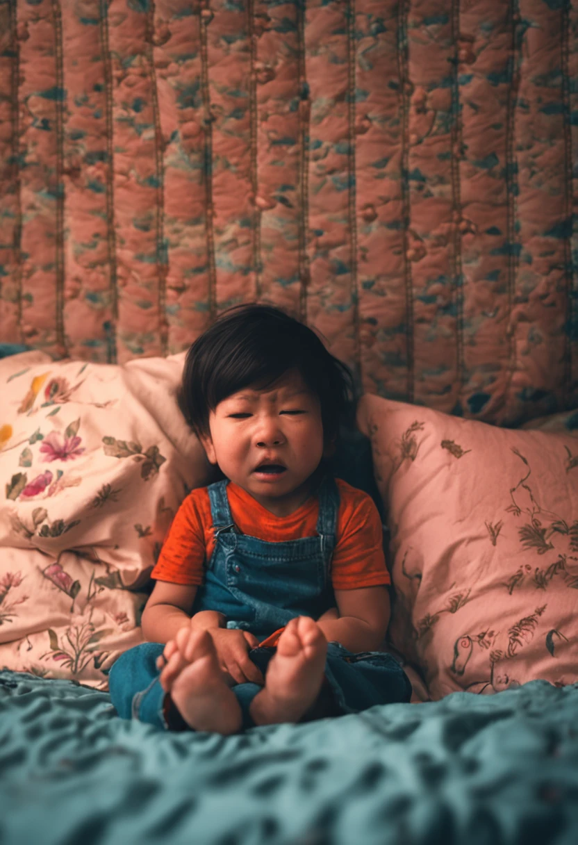 A cries on the bed in the room holding the quilt,Everyone laughed around,cold shades