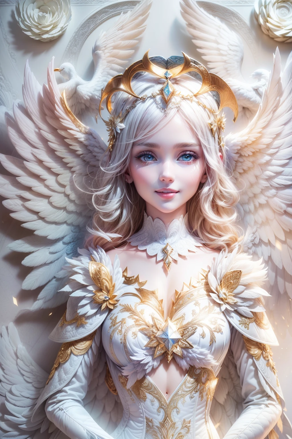 (full body shot of:1.4),  White background, (1 Angel Girl,shiny wings, Halo, Exquisite headdress, Smile), (paper art, Quilted paper art, geomerty), (Extremely colorful, Best quality, high detal, Masterpiece, Cinematic lighting, 4K, Chiaroscuro)