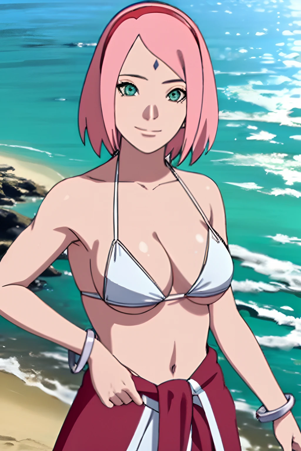 masterpiece, 4k, portrait, cowboy shot, professional artwork, detailed beach background, intricate details, colorful, digital blending, (ultra detailed body, ultra detail hair, ultra detail face), trending on pixiv, kind smile, best quality, anime style: 1.9, 1girl, hires, haruno sakura, (forehead mark, milf, red hairband, pale skin, small breasts, short hair, ((bare neck, white(micro) bikini top, (bikini top only)), (red dress tied around waist), white pants), (navel, belly button, slender body, slender belly, bracelet, pink hair, closed mouth, big eyes), smile, beach, wind, floating hair, detailed arms, off-shoulders, broad shoulders, (slightly muscular arms, slightly strong biceps), (dirty armpits, armpit pocket), standing)