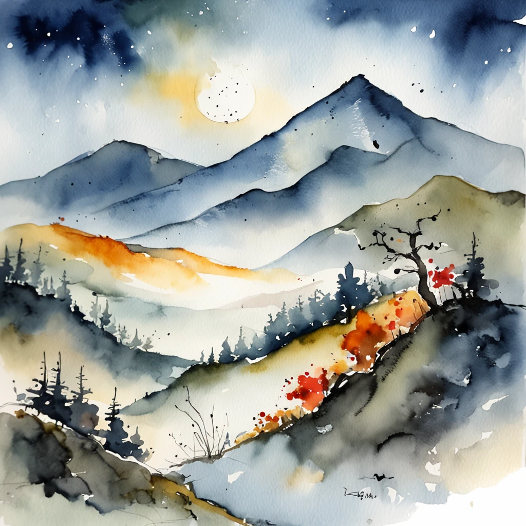 A mountain，Ink expression，Sea of clouds and moonlit night、snow blowing、ink and watercolor painting。