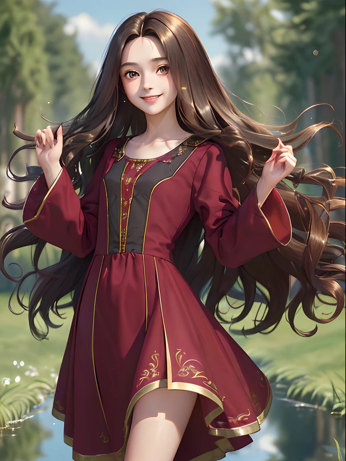 ((masterpiece:1.2), (best quality:1.2), looking at viewer, bare and fair skin,Wizarding world, shimmer reflected on hair, long hair fluttering in the wind, (wavy long hair), hair middle part, energetic , smily, happy , 15 year old eauropen girl, dark brunette hair, Brown eyes, victorian simple dress, gryffindor, red color.