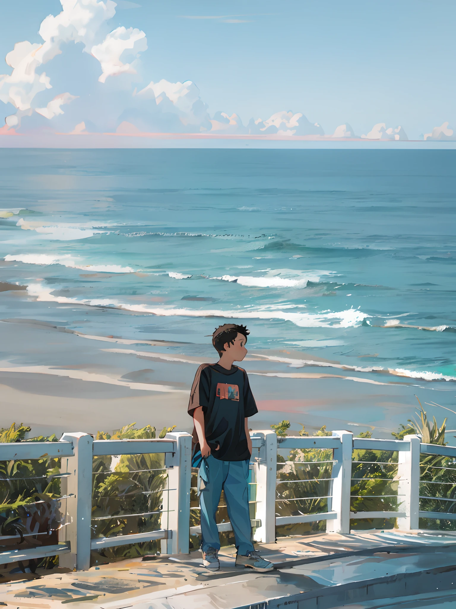 there is a young boy standing on a sidewalk looking out at the ocean, the ocean in the background, looking out over the sea, looking at the ocean, overlooking the ocean, looking out at the ocean, ocean in the background, standing beside the ocean, looking off into the distance, view of the ocean, the sea in the background, ocean in the distance