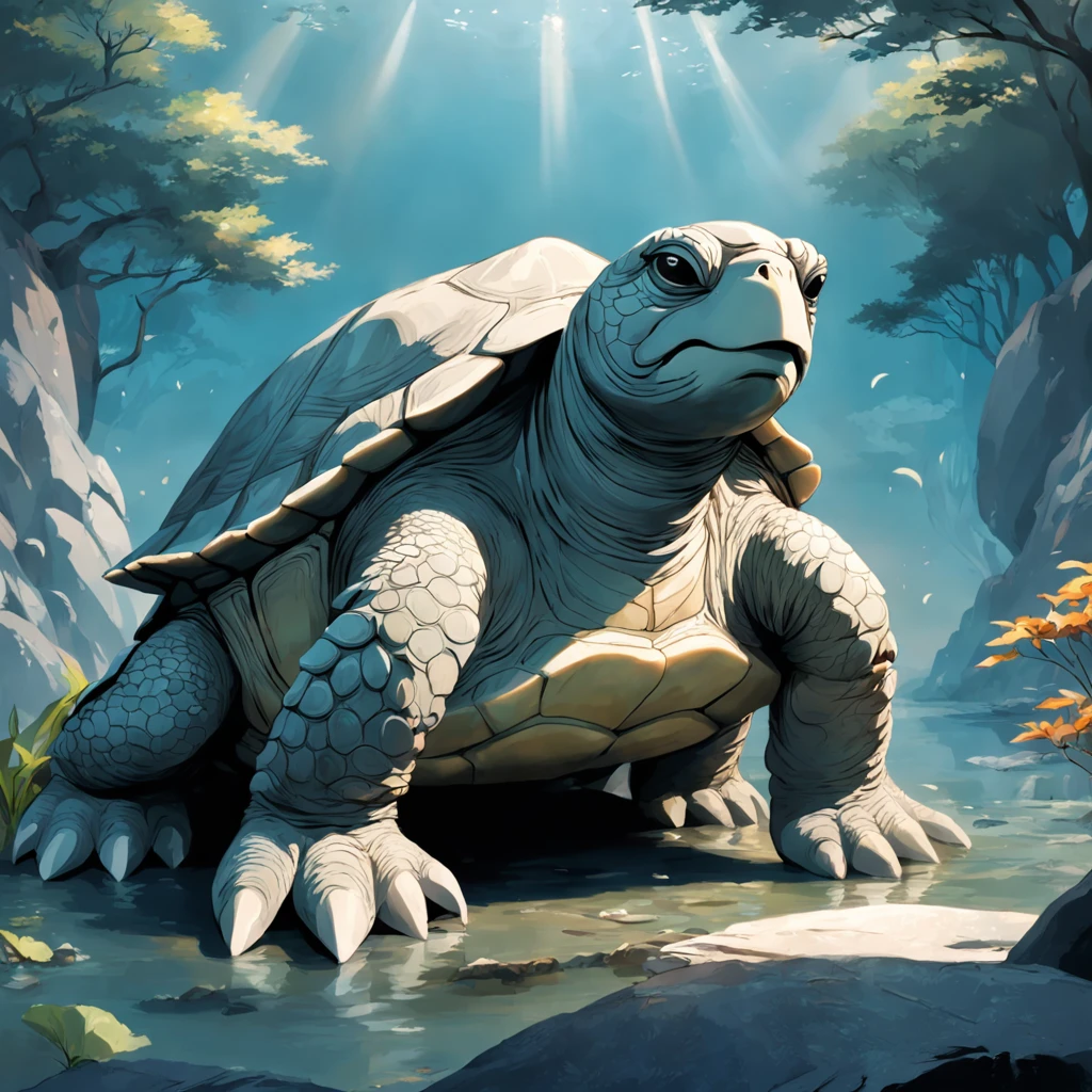 Turtle head granite statue（Xuanwu em mitologia chinesa），The statue is made of gray granite, The statue is imposing，Below is the lagoon，Many lotus leaves，lotuses