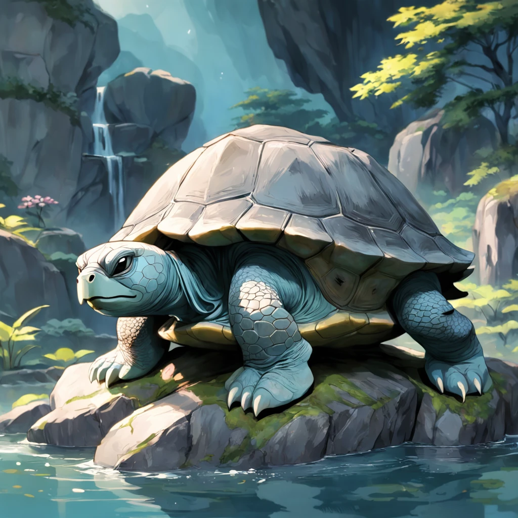 Turtle head granite statue（Xuanwu em mitologia chinesa），The statue is made of gray granite, The statue is imposing，Below is the lagoon，Many lotus leaves，lotuses