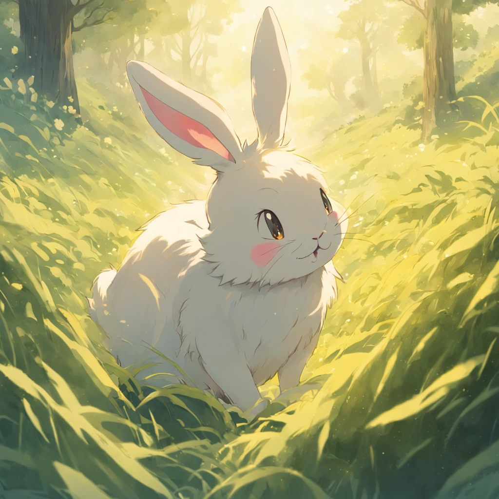 Benny the Bunny, a bunny with human aspect loved hopping through the meadow, his fluffy fur catching the sunlight.
