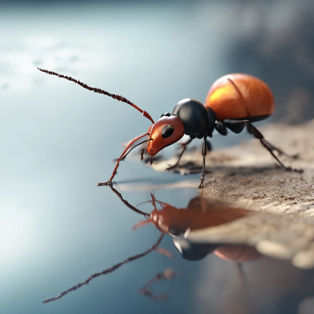 An ant looking in the mirror by the stream,An ant uses the stream as a mirror,High-angle lens shooting,photorealistic cinematic render, Cinematic 3D rendering, realistic cgi render, Depicted as a 3D rendering