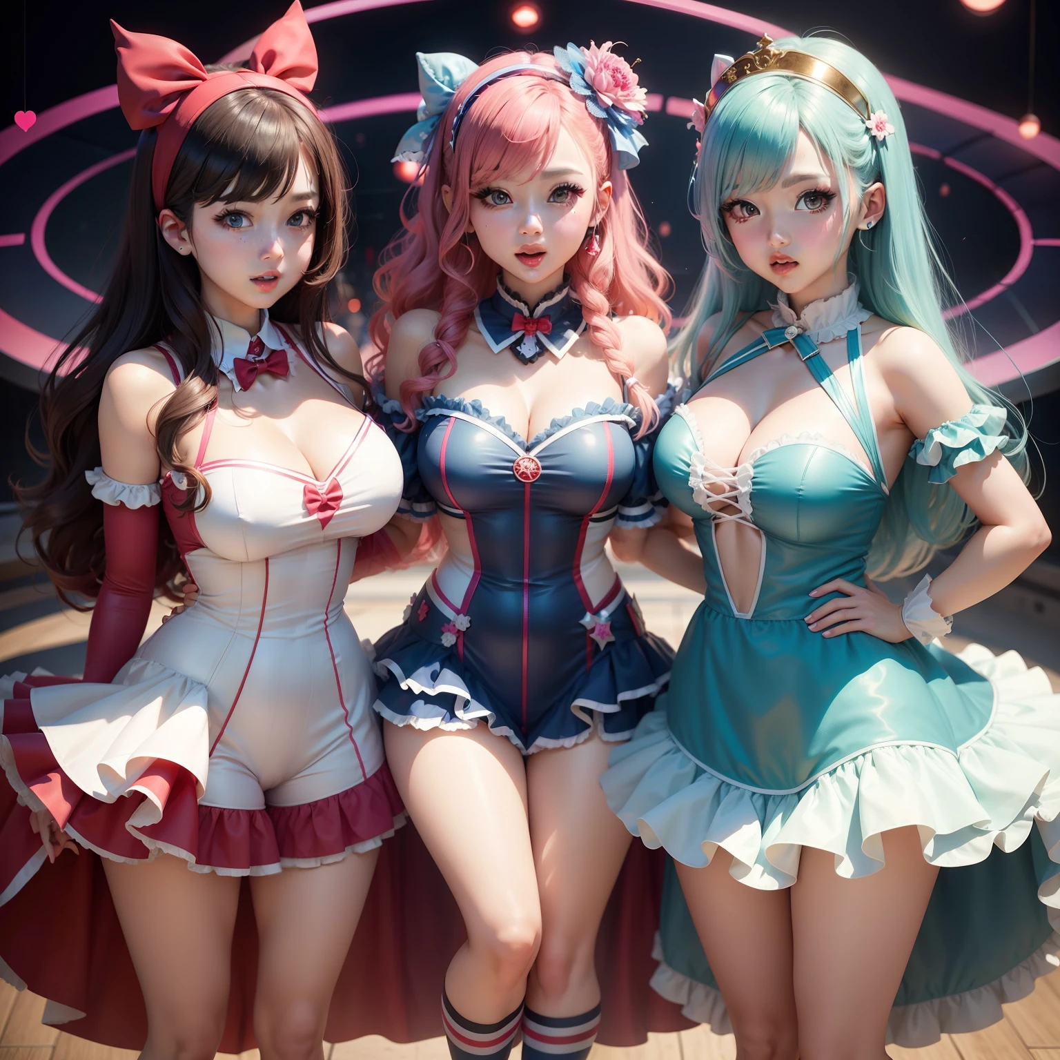 Female idol covered in gene spiral(Cute costumes)、Looks fun、full body Esbian、red and blue、labo