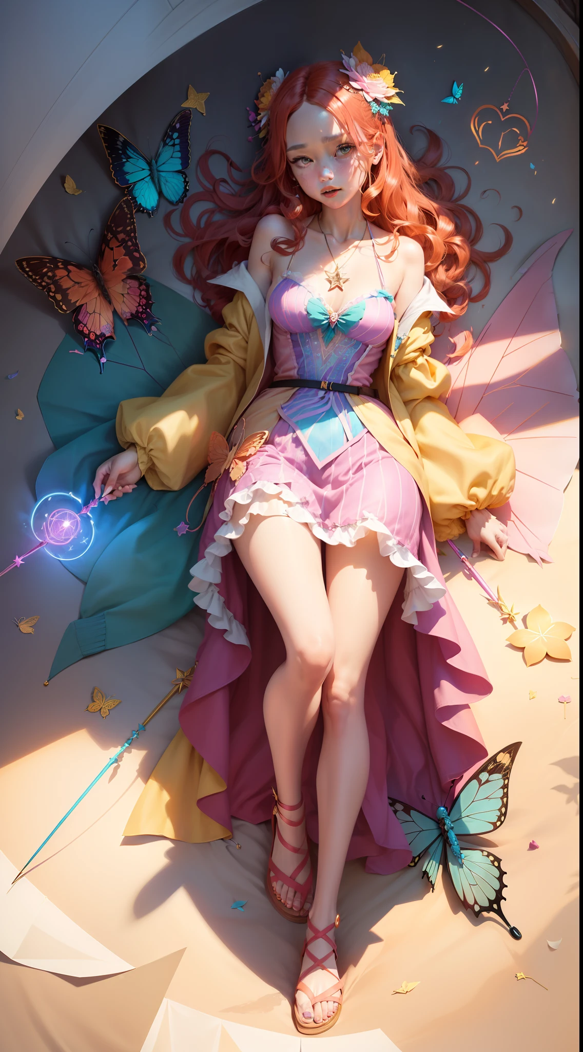 Magenta hair, older woman, cat ears, long hair, smiling face, sexy outfit, butterflies, floating hearts, tropical background, teal, pink, and gold dress clothes