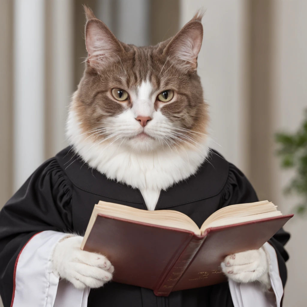 cat in lawyer robe front face holding documents in court room