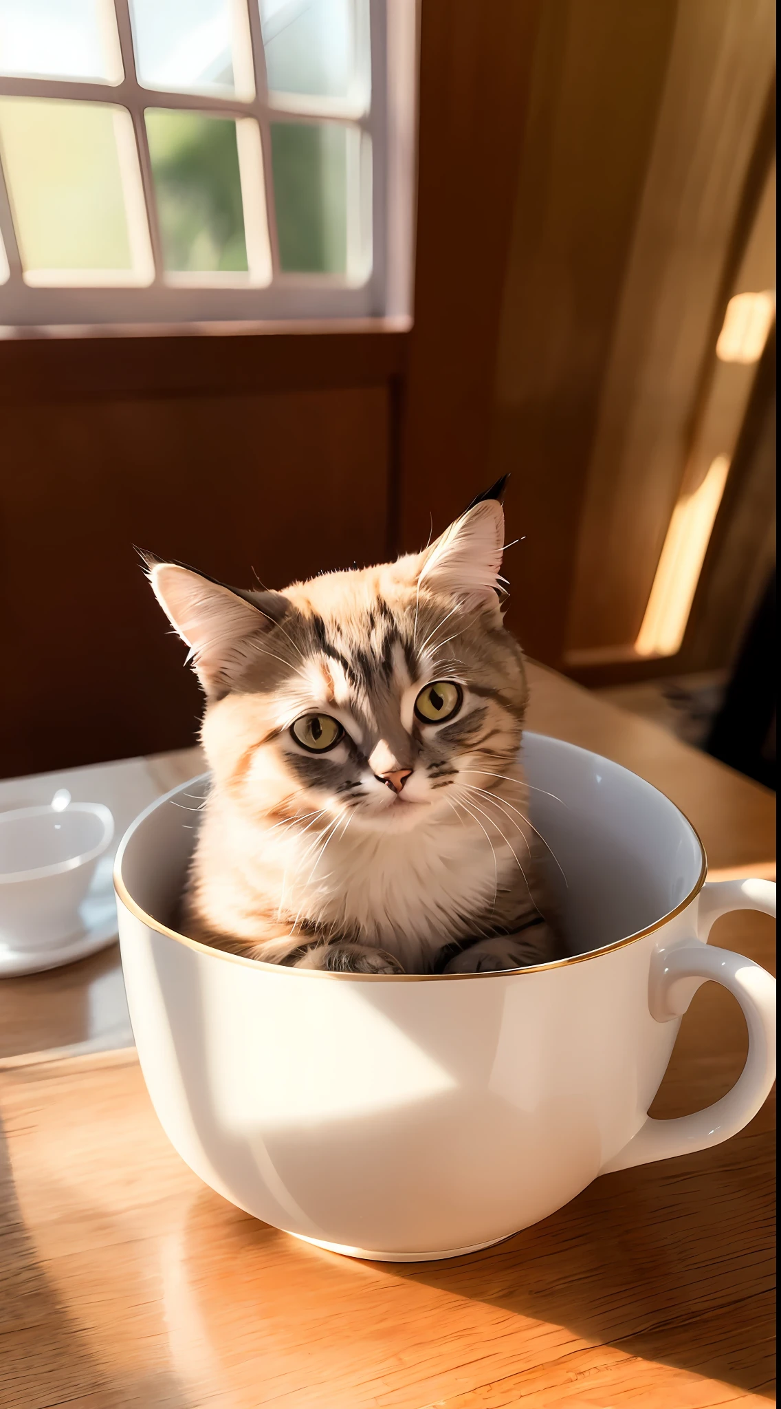 Cat, (Himalayan), (Small)))), in a teacup, Face, Front paws out, 8K, Professional photo, Delicate, Clear, On the table, Inside the house, Sunshine, Light Leak, Masterpiece, ((Pretty))), Fashionable Teacup, (Reality), Plush Toy, Round Pupils