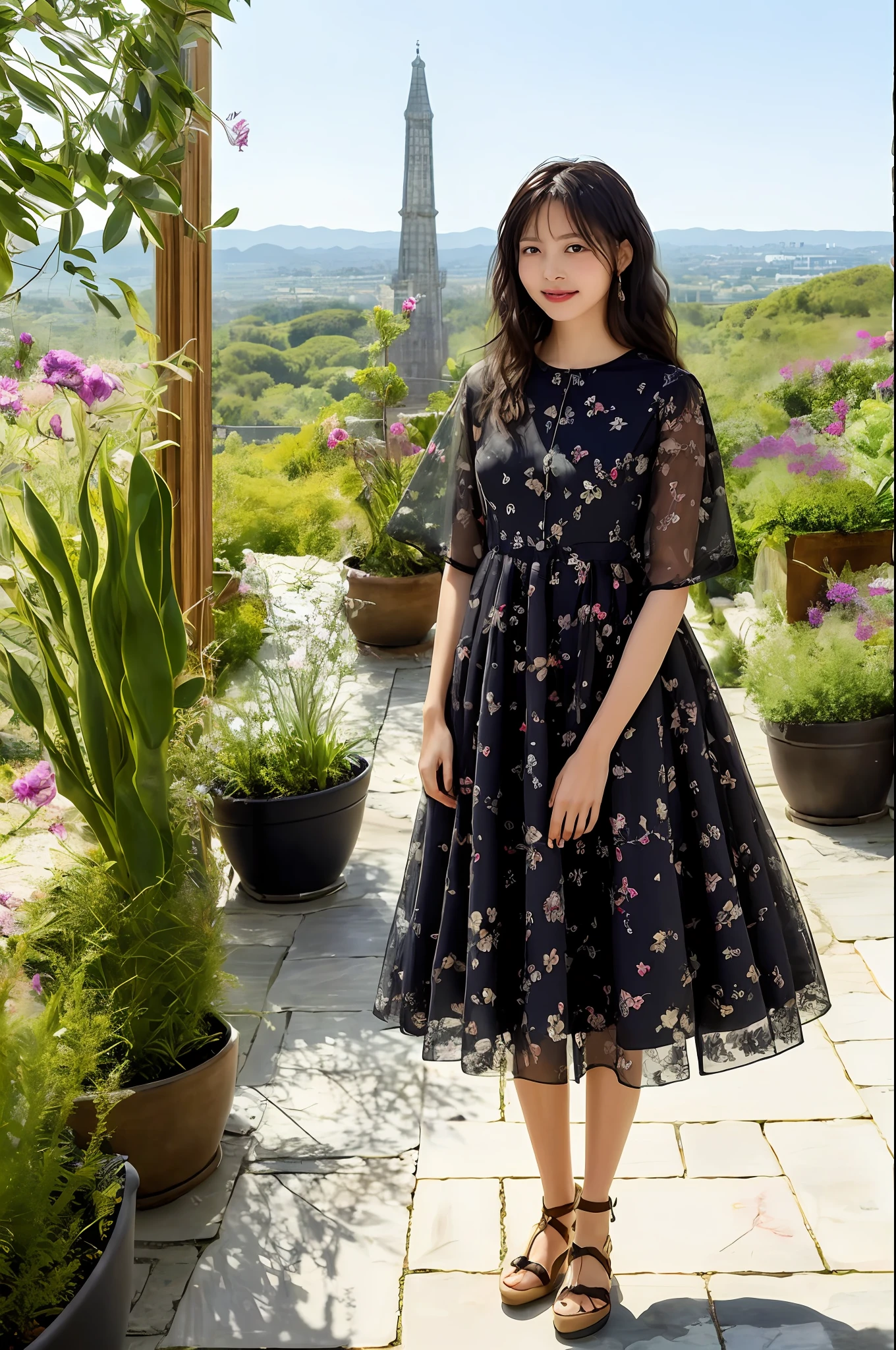 Visualize a nature-loving girl with long, flowing black hair, meandering through a lush botanical garden. Her floral dress blends harmoniously with the colorful environment. Her eyes, gleaming with joy, are captivated by the exotic plants and flowers. The verdant greenery, the variety of flora, and a distant ornate greenhouse serve as a vivid and vibrant backdrop, Envision a brave girl with long black hair, gazing out from a high tower. Her medieval-style dress reflects the ancient stone structure. Her eyes, filled with determination, overlook the sprawling landscape below. The tower's stone details, the panoramic view of the kingdom, and the setting sun casting long shadows provide a dramatic setting for her figure