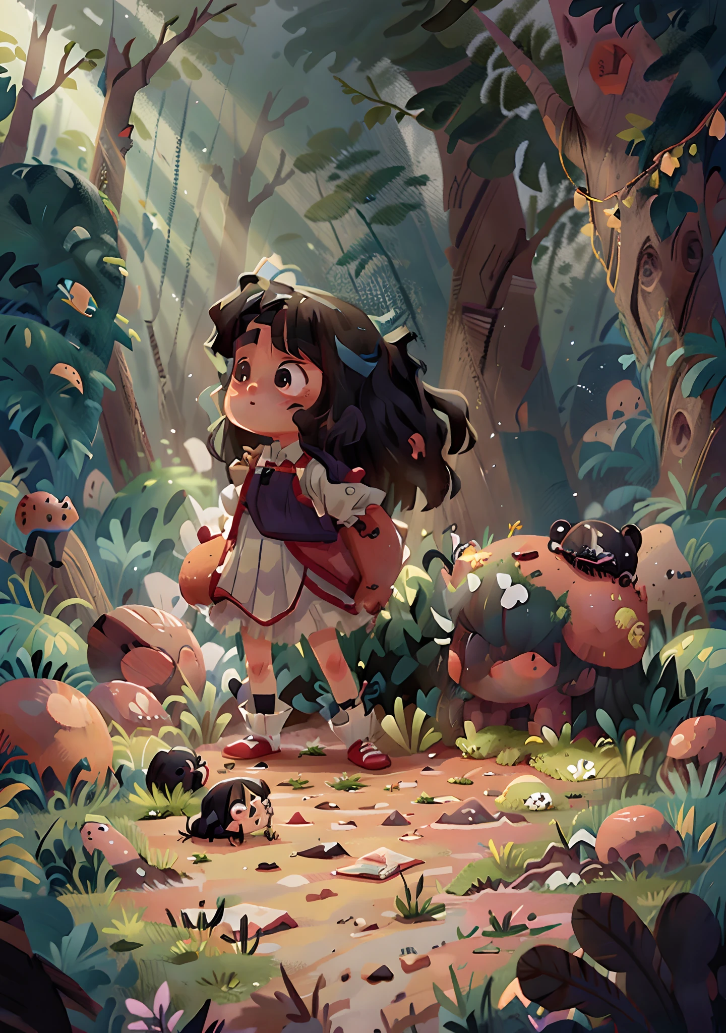 One in a white dress， girl with long black hair，She walked alone in the forest，A look of fear leaked from his face。