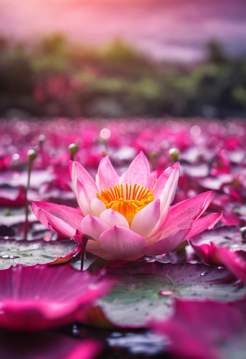 Bueng Bua Buaban Buatum pink Morning sun, rainbows, water droplets on lotus leaves.