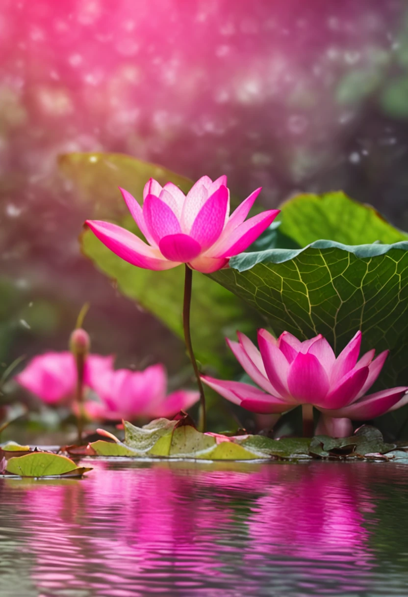 Bueng Bua Buaban Buatum pink Morning sun, rainbows, water droplets on lotus leaves.