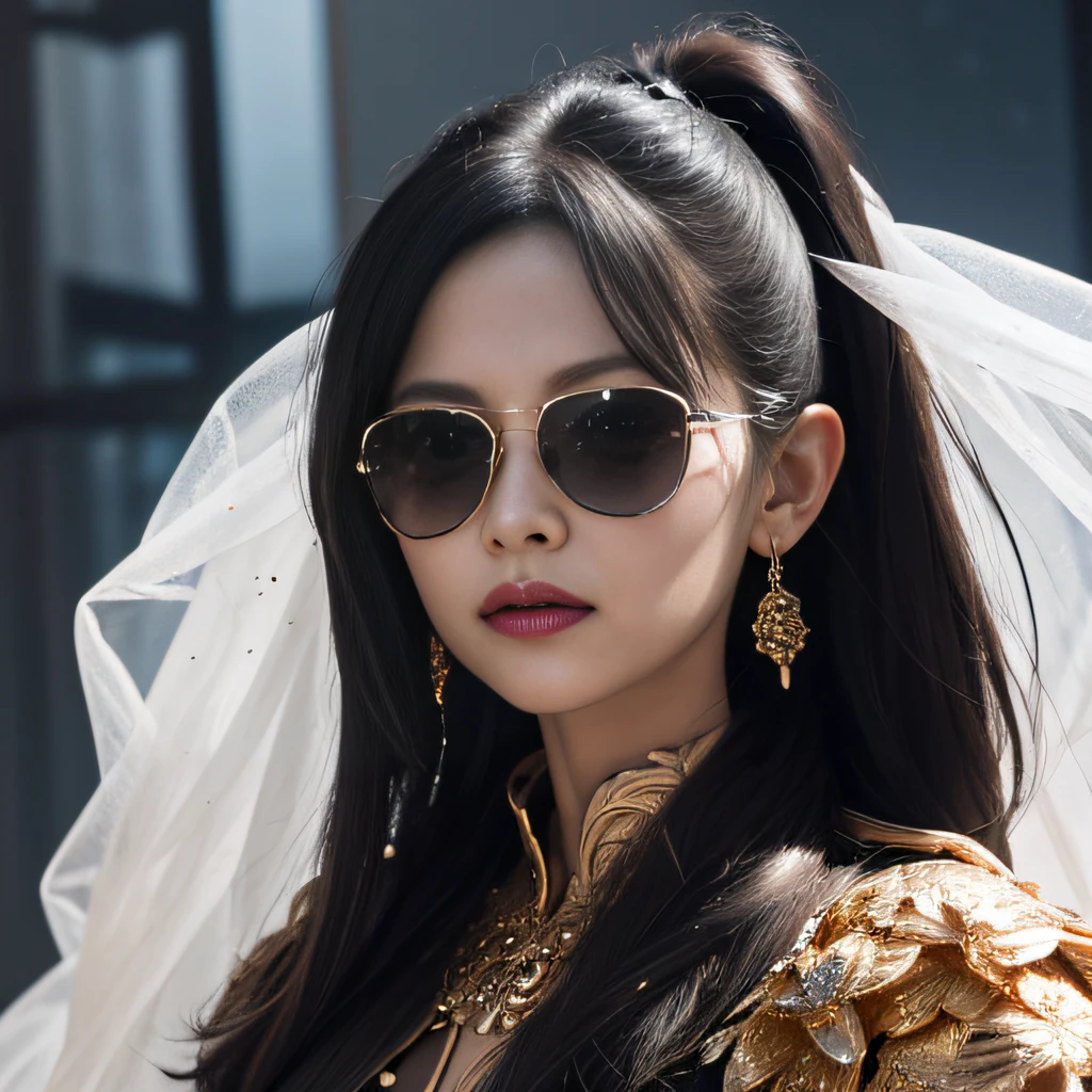 Wear black and gold rimless sunglasses，32K（tmasterpiece，k hd，hyper HD，32K）Burgundy double ponytail，Pond area，Indigo Skull King ，Hold the big G steering wheel （The skeleton is realistic：1.4），Python pattern robe，Silver skull flower ornaments，Gold cape，Petals flutter，Colored ball head，Hold your head high，Be proud，The nostrils look at people， A high resolution， the detail， RAW photogr， Sharp Re， Nikon D850 Film Stock Photo by Jefferies Lee 4 Kodak Portra 400 Camera F1.6 shots, Rich colors, ultra-realistic vivid textures, Dramatic lighting, Unreal Engine Art Station Trend, cinestir 800，Hold your head high，Be proud，The nostrils look at people，Tsundere，Petals flutter，Petals flutter，Sprinkle with gold dust，Fluttering，Impeccable，( reasonable design, Clear lines, High sharpness,Best quality, Very detailed skeleton, The skeleton of a masterpiece, offcial art, movie light effect, 4K skeleton（（（Wear black and gold rimless sunglasses）））