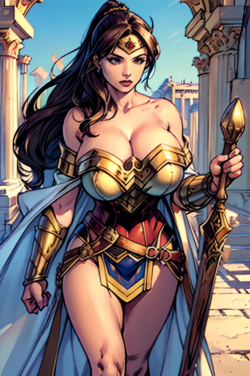 (masterpiece, top quality, best quality, official art, beautiful and aesthetic:1.2), (1girl:1.3), dark brown hair in a huge ponytail, extremely detailed, portrait, looking at viewer, solo, (full body:0.6), detailed background, close up, (warm summer Mediterranean theme:1.1), Athena, charlatan, mysterious, walking in forest, revealing bronze gladiator armor, Greek robes, goddess, toga, robe, spear and shield, metal, light brown leather, cloak, bracers, armor, gauntlets, sandals, buckles, straps, see-through white fabric, ((((gigantic breasts, cleavage, skindentation)))), slim waist, slim hips, long legs, ancient (Parthenon exterior:1.1) background, dark mysterious lighting, shadows, magical atmosphere, dutch angle,