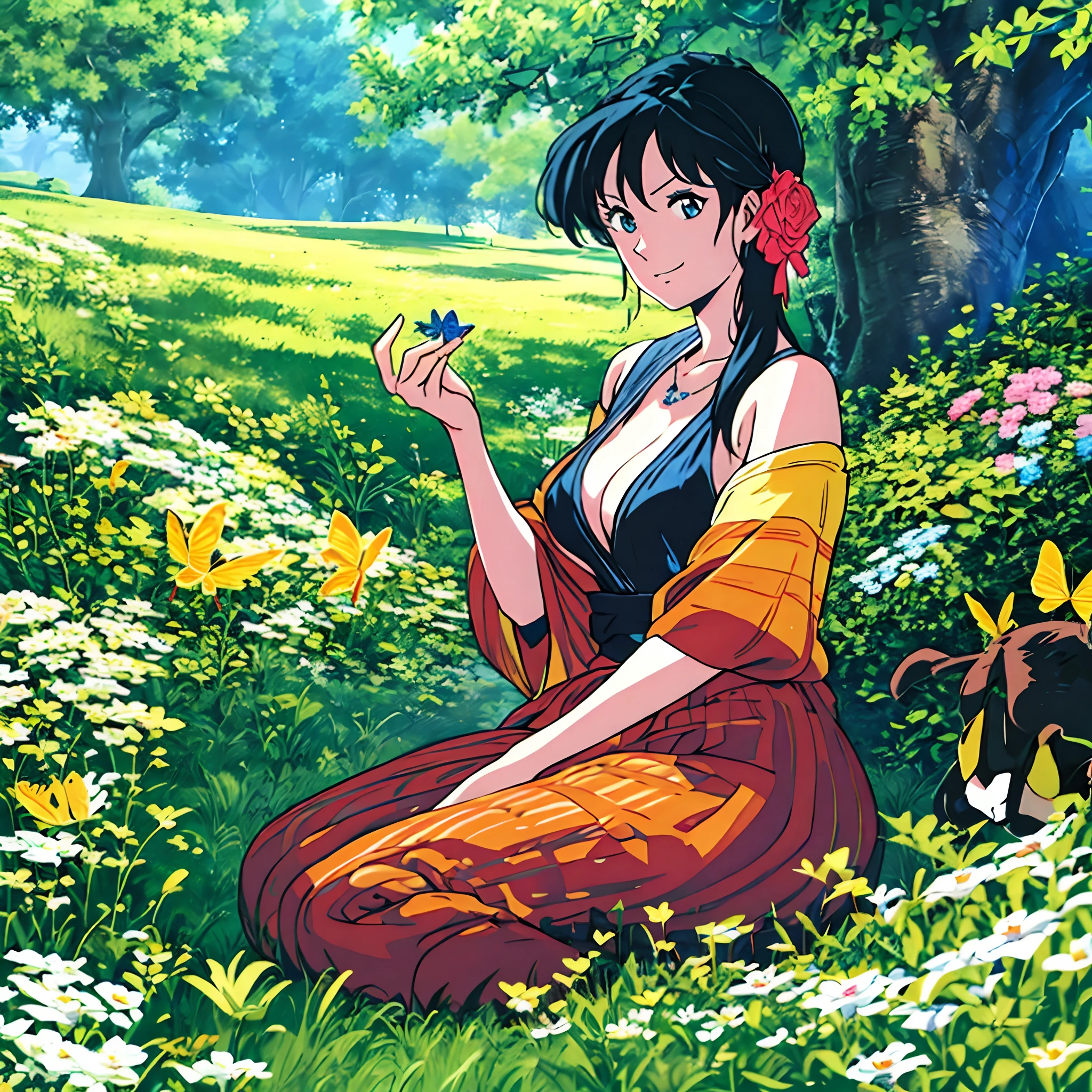 woman, age 30, milf, having a picnic in a picturesque meadow, surrounded by flowers, butterflies, and the gentle company of woodland creatures.