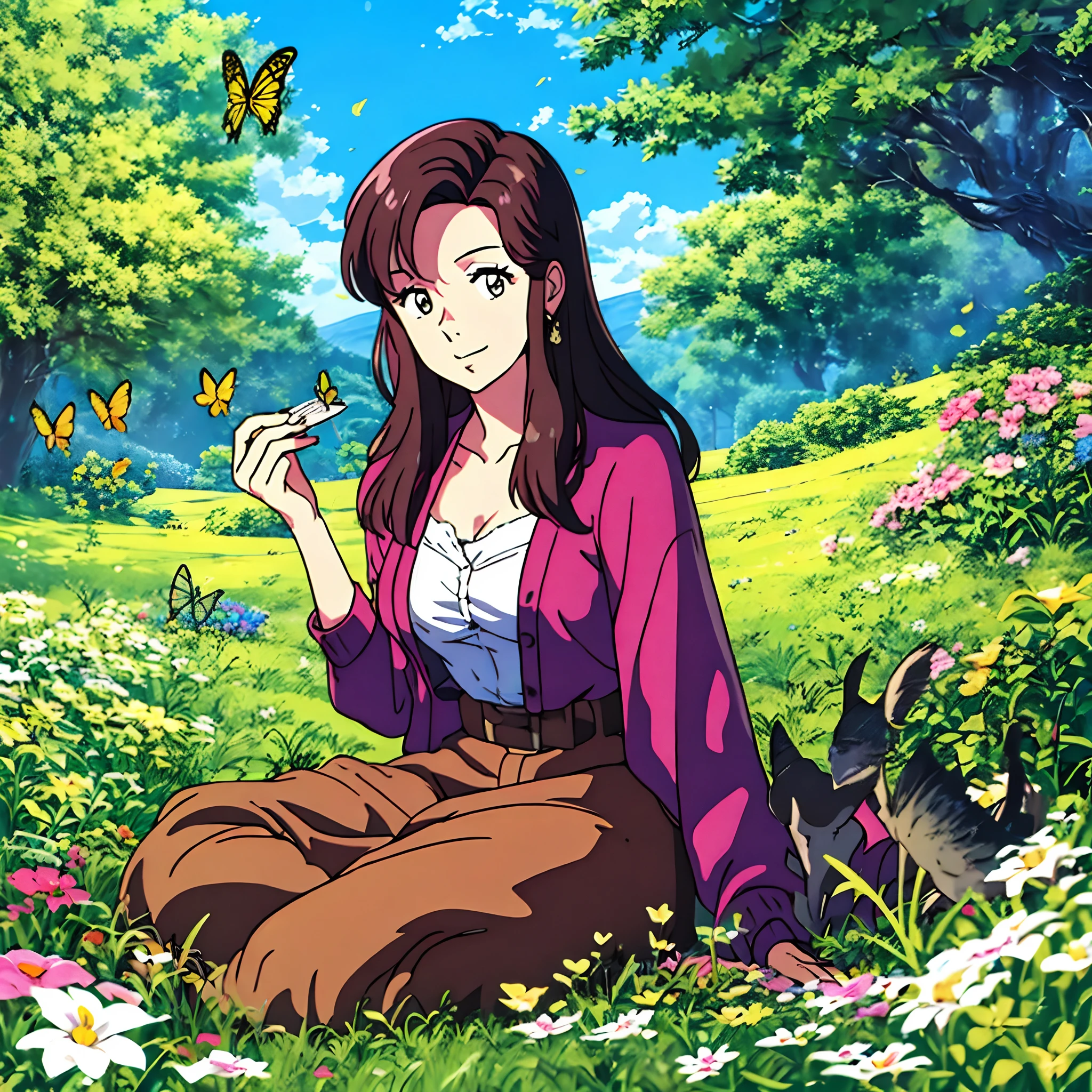 woman, age 30, milf, having a picnic in a picturesque meadow, surrounded by flowers, butterflies, and the gentle company of woodland creatures.