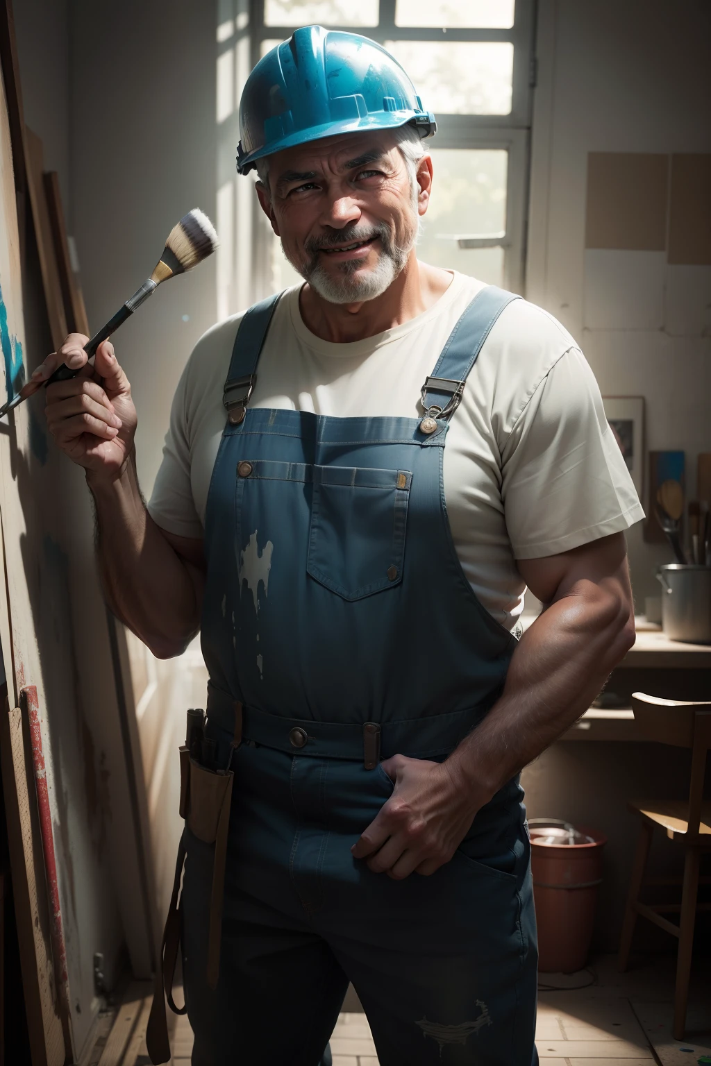 Full body photo of a mature man in his forties, Confident laughter,Wear a hard hat，Paint brush in hand (ultral detailed face and eyes:1.1), (Album art:1.1), , Best quality,, hyper-high detail, extremly intricate, Extreme detail, Ray traching, Pondering, Beautiful lighting, (glaring lights:1.1), (High saturation clarity contrast, deep levels, Sharp, retouched, colorgrading:1.1), Soft lighting, Cinematic, (intense contrast:1.2）