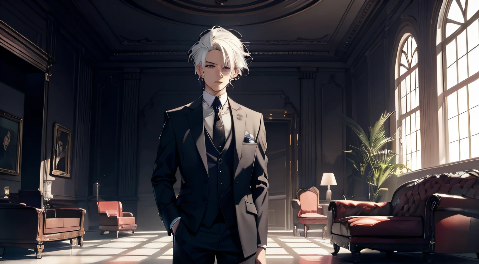 Ridiculous resolution，A high resolution，（tmasterpiece：1.4），Hyper-detailing，Heirs of the consortium，white business suit，Off-white hair，Spooky dark room，sitting in the couch，The expression is tense, Fear and trembling（1.5）