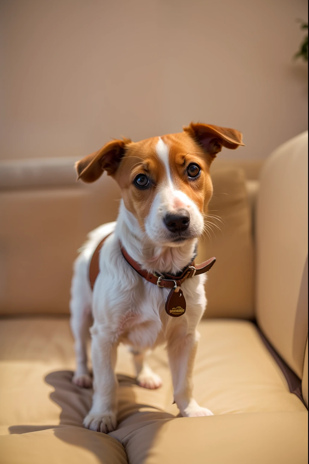 There is a puppy wearing a collar and a kitten standing on the sofa, jack russel terrier surprised, jack russel terrier, jack russel dog, Photo taken with Sony A7R, Photo taken with Sony a7R camera, taken with a Sony A7R camera, Shot on Sony A 7, shot on nikon d 3 2 0 0, taken with canon eos 5 d