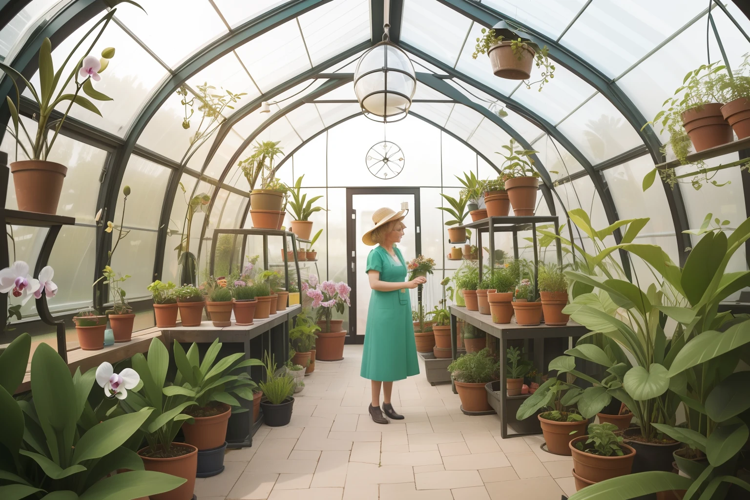 Date: 2022
Country: Belgium
Description: In an artfully designed Belgian greenhouse, an adult Belgian woman tends to a colorful array of orchids with meticulous care, reflecting the country's love for horticulture. The greenhouse's pastel decor and vintage watering cans create an inviting ambiance.