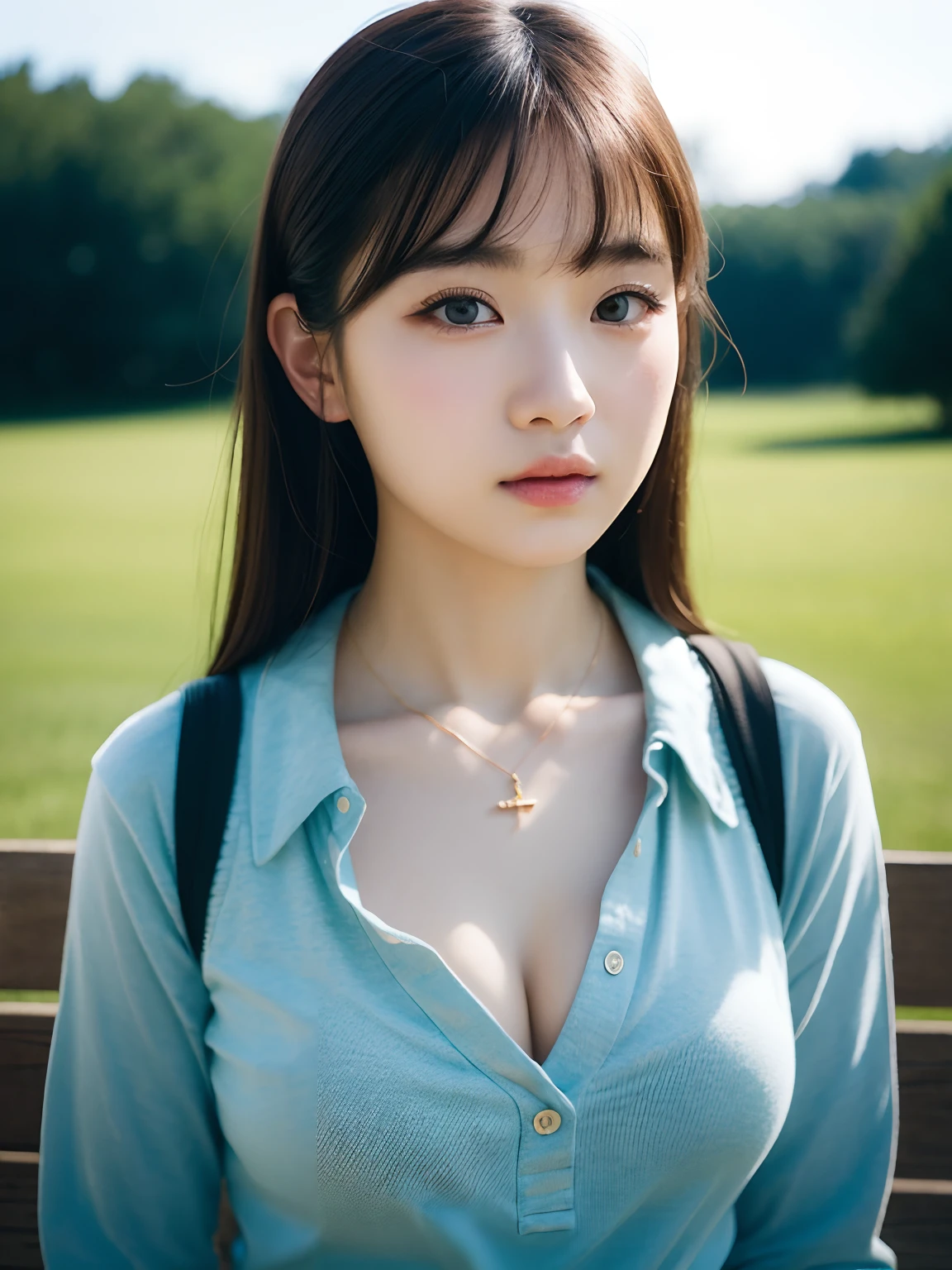 女の子1人、25-years old、sitting in a bench、Wearing a necklace、A sexy、Show me your pubic hair、校服、Colossal tits、Colossal tits、Valley(Photorealsitic:1)、looking in camera、富士XT3、top-quality、Korea、超A high resolution、masterpiece、The ultra -The high-definition、hight resolution、(reallistic、Photorealsitic:1.4)、8K、Raw photo、(masterpiece)、(top-quality))、Physically Based Rendering ulzzang-6500-v1.1、(OriginalPhotographs:1.2)、(reallistic:1.4) Girl with beautiful details、extremely detailed eye and face、beautiful detail、absurderes、unbelievable Ridiculous、huge filesize、The ultra-detailliert、hight resolution、Very detailed、top-quality、masterpiece、illustratio、Beautiful with attention to detail、Attention to detail、A sense of unity、Light shines on the face、lighting like a movie