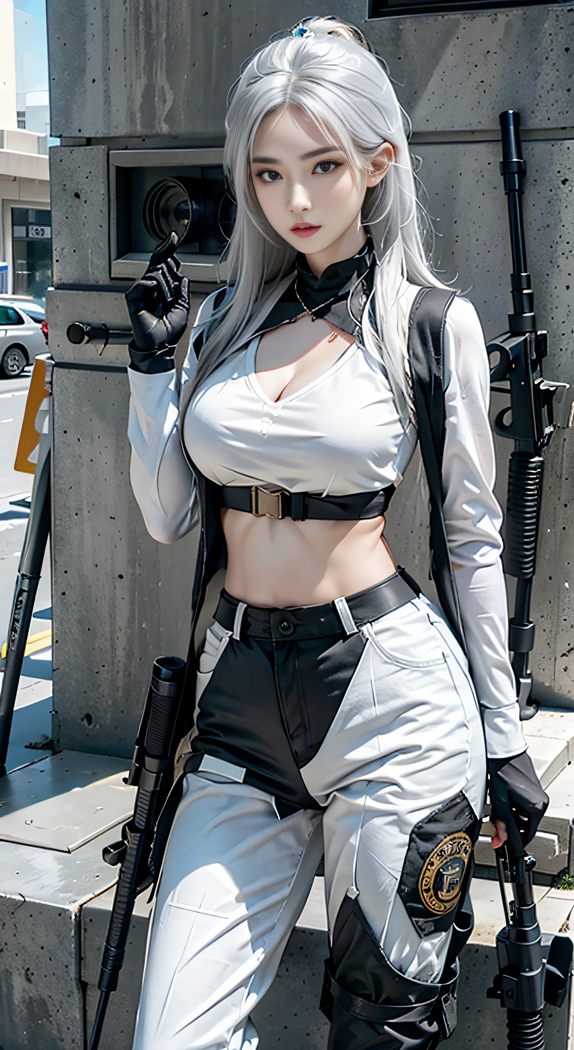 Photorealistic, high resolution, 1womanl, Solo, Special forces clothing，Special forces equipment，Special forces vest，Hips up, view the viewer, (Detailed face), White hair, submachine gun, Gun, jewelry, tattoo