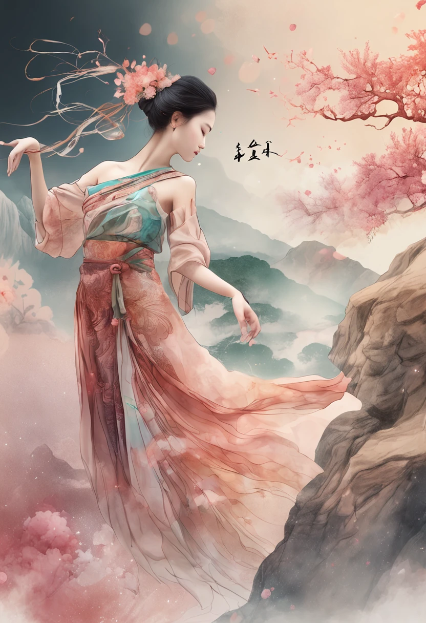 (Alcohol ink:1.5),Dunhuang style, Dancing in the sky, ancient chinese beauti, Silk Hanfu, Tulle ribbon, Beautiful dance moves, Ink painting style, Clean colors, decisive cutting, White space, freehand brushwork, Soft lighting,dreamy glow, ( Bokeh),A bar of chocolate in hand,Highlight chocolate products,Masterpiece, Super detailed, Epic composition, Highest quality, 4K,