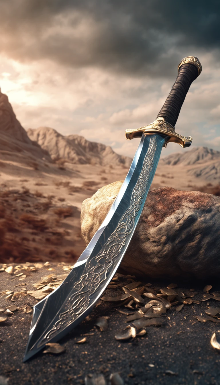 (Outstanding、Professional、Surreal)、Detailed sword, Metallic texture, Lying on the ground