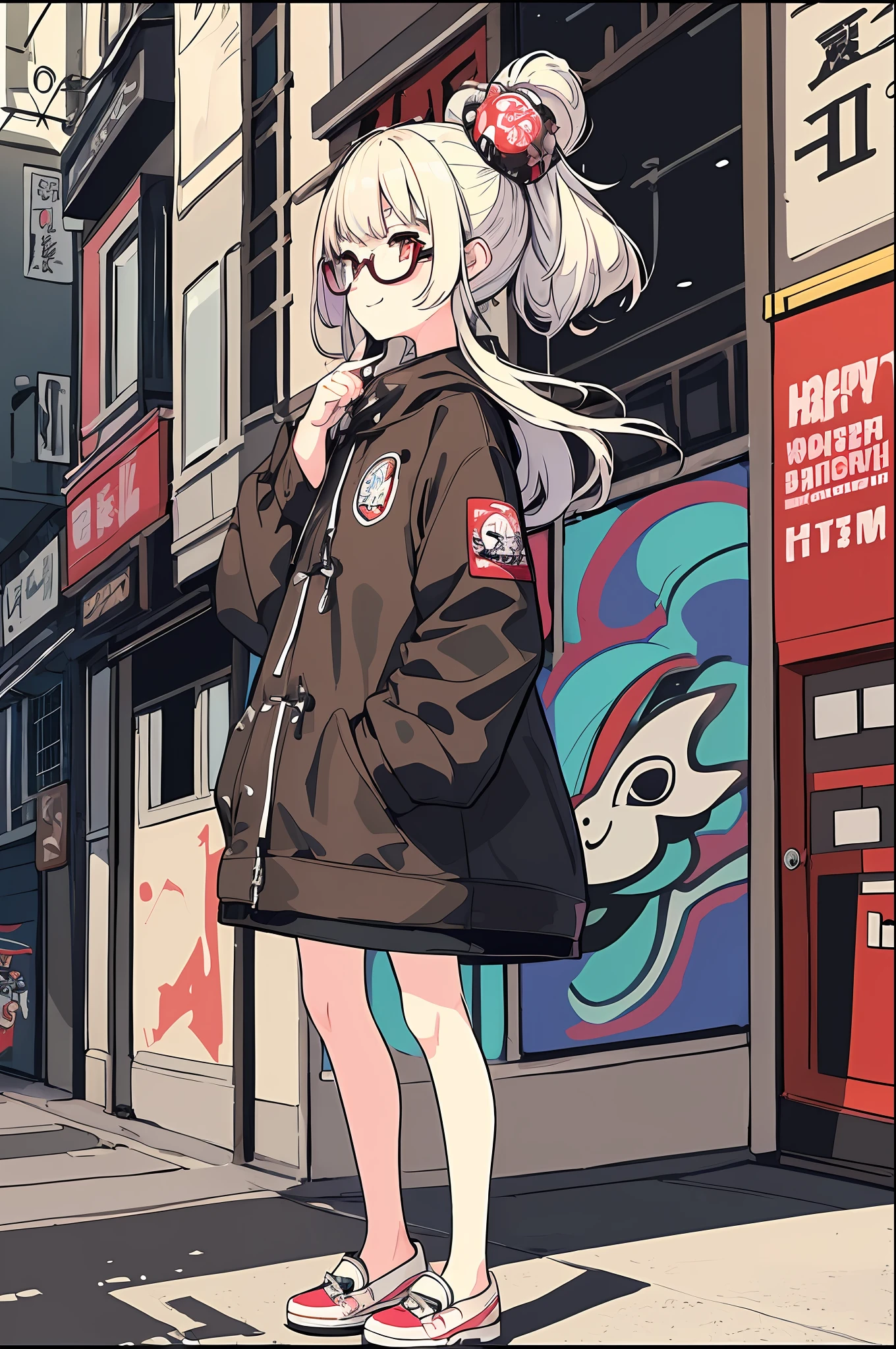 (masterpiece:1.3), (top-quality:1.2), (An ultra-fine illustrations:1.2), hightquality, High Detail, ((unparalleled masterpiece ever, top-quality, erfect artwork)), highly contrast、red blush、Colorful paint patterns、Splattering paint、Wall Art、Color matching、Banksy、Whimsical、unexpected、Mature woman、NY Metropolis、disheveled hair、 {hide one's hands}, {{Hands in pockets}}}, {{Hands in the sleeve}} 、from side、parka、JINS、colourfull、(illustratio:1.2), The scenery that jumped off, (line-drawing:1.2), {{Only 5 fingers}}、Eight teeth are visible、Full body posture、espadrilles、Background falling from a building、Paint sprinkling、Ink splash、Backgrounds with depth、pop music、9 heads of beauty、Creative fashion、Fashion Leader、Interdimensional Art、Unique hairstyle、Happy laughter、highrise buildings、Long body、A slender、Spray Art、Street、Plump figure、eye glasses、Ekbo、Toothless laughter、Taiwan:Nine copies、Retro cityscape、