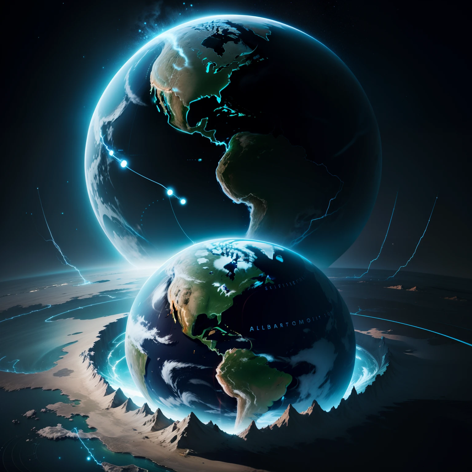 Huge artificial intelligence looms behind the earth, Connections around it, Artificial intelligence concept, Simplified, the wallpaper, 。.ai, earth, connections, Electricity, subassembly, Isolated, Black background