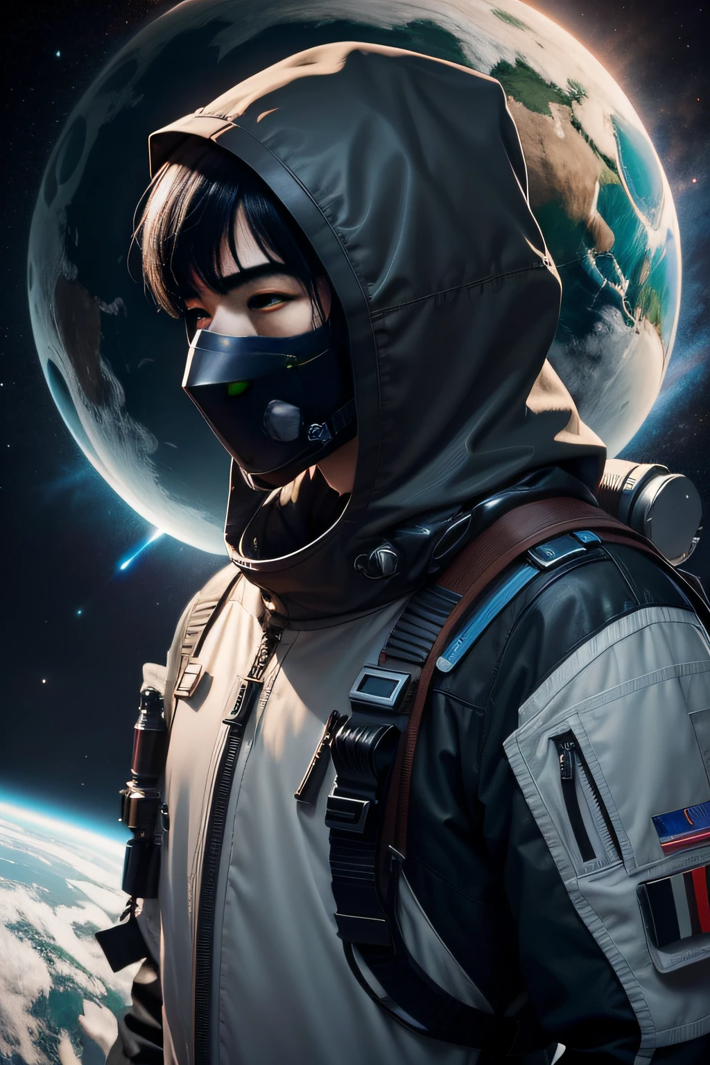 Future Technology Correspondent Space Sci-Fi Delicate facial features Brunette Chinese male Mysterious man Cover head Hatbrim covers face Face is not visible