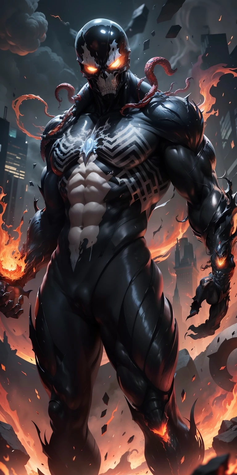 (Ultra resolution 8K), Epic work of art, Stunning fusion of Venom and Ghost Rider is a dark being with skin blackened by the symbiote, with a flaming skull crowned by the symbiote instead of a head. Fiery chains snake around its form, ready to punish the guilty. An aura of darkness and fire constantly surrounds him, embodying implacable justice.