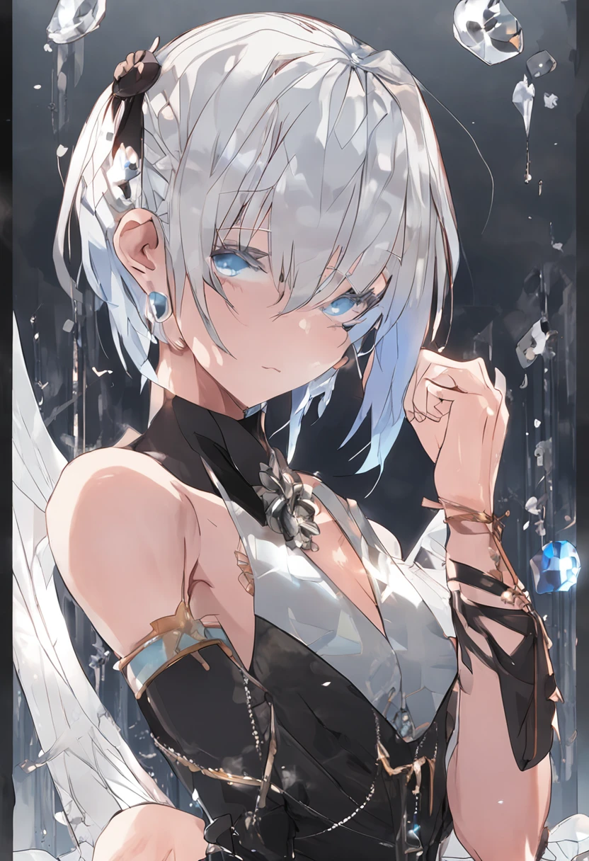 Crying women、cropped shoulders、Black tank top、mideum breasts、Black and long hair、Blue eyes that glow suspiciously、Crystal clear white skin、top-quality、tmasterpiece