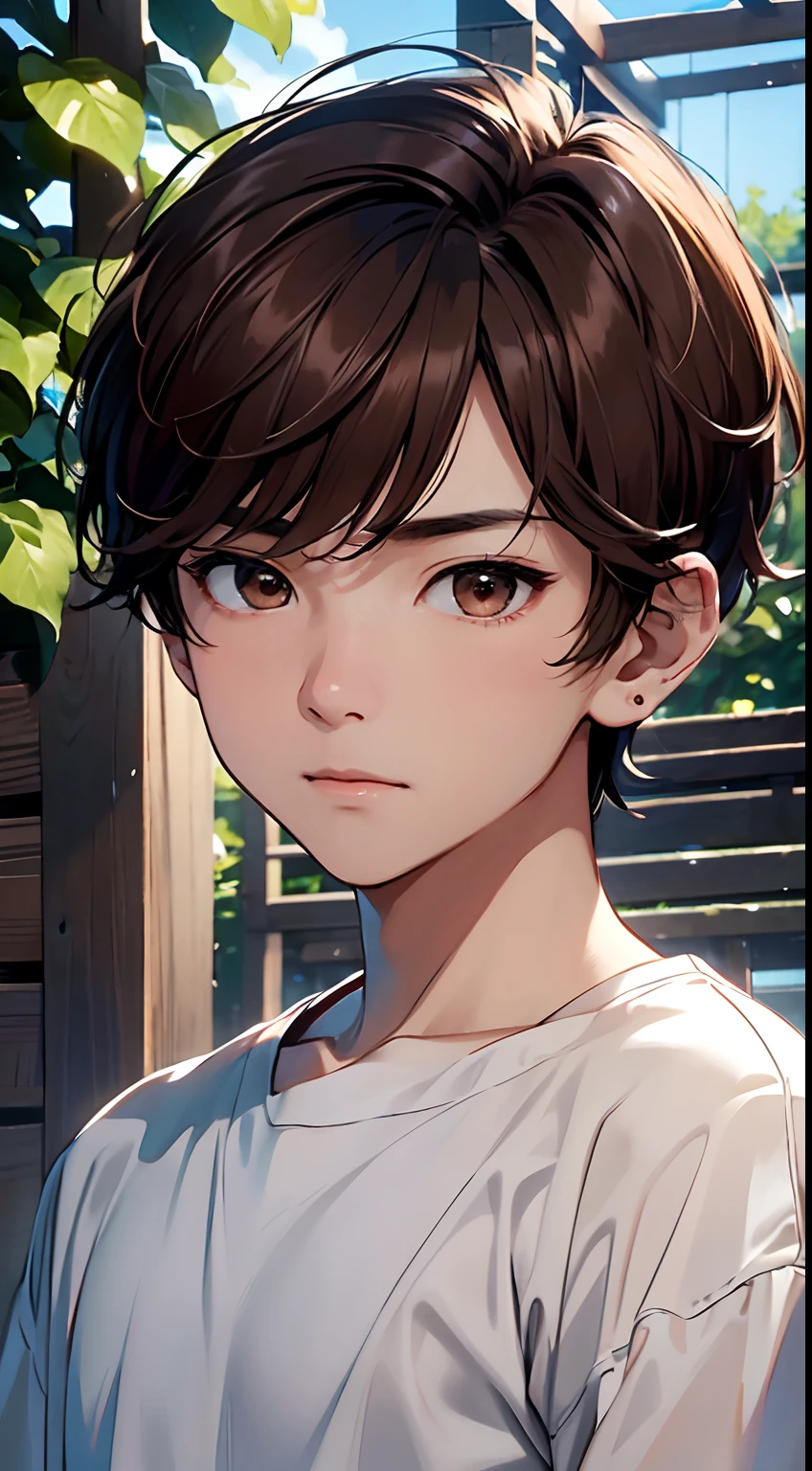 (hight resolution、ultra-detail)、masterpiece、top-quality、Male child、独奏、a handsome、short hair、brown hair、finely eye and detailed face、Casual clothing、Real Shadows、Joy、Connecting ears、The upper part of the body、