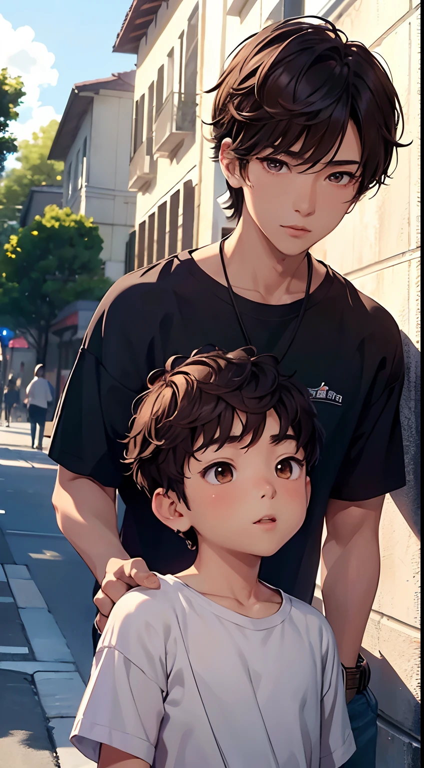 (hight resolution、ultra-detail)、​masterpiece、top-quality、Male child、独奏、a handsome、short hair、brown hair、finely eye and detailed face、Casual clothing、Real Shadows、Joy、Connecting ears、The upper part of the body、