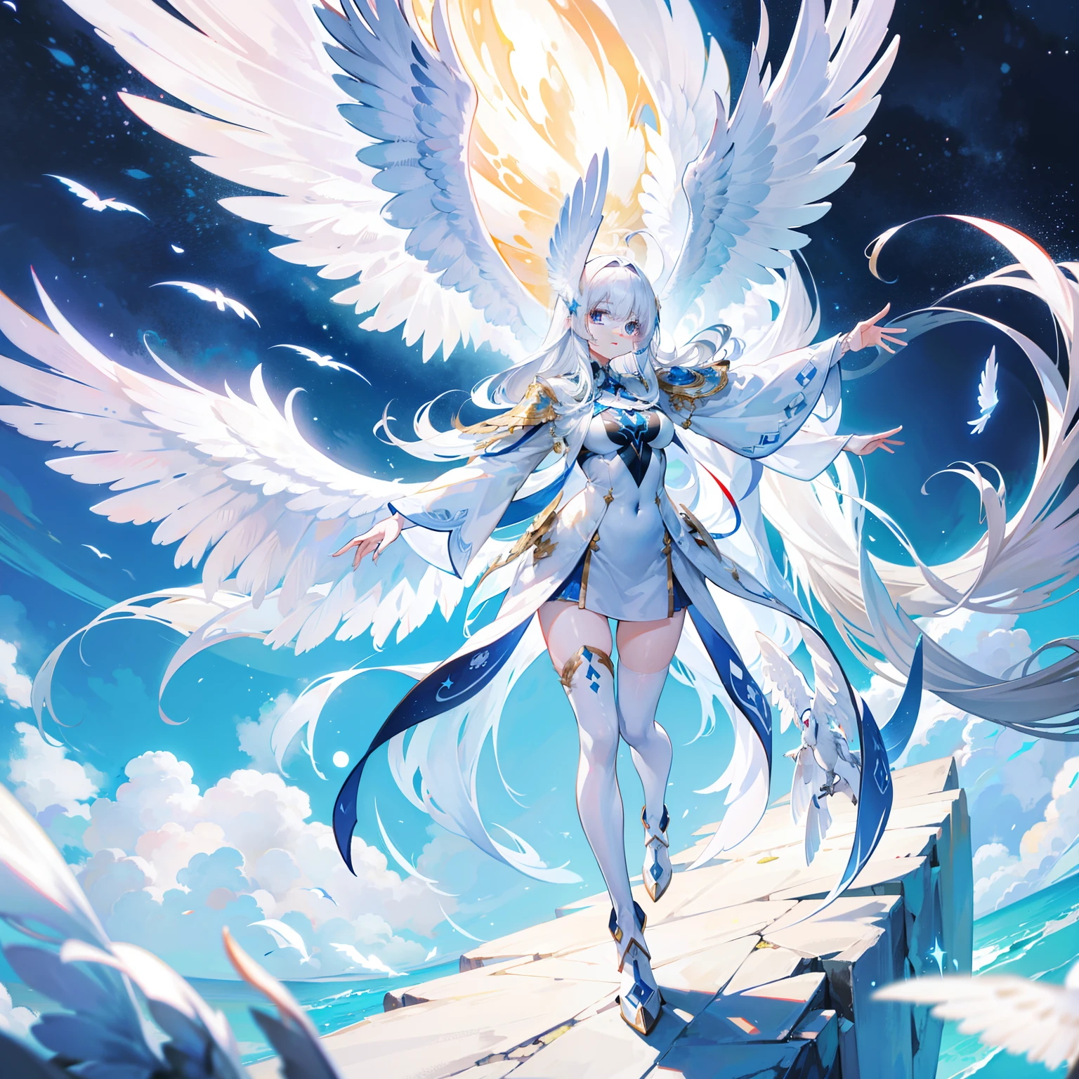 A white cloaked textured life form resembling a large bird with outstretched wings,It is an alien life form known as immortal as a bird,Has the ability to transcend time and space